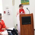 Katja Willeford, a teacher and co-president of Coupeville Education Association, speaks at a Coupeville school board meeting Monday night. The union and district are in the processes of negotiating how to use the $2.1 million given from the state from new legislation for staff salary. Photo by Laura Guido/Whidbey News-Times