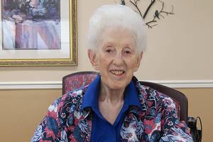 Photo by Maria Matson / Whidbey News Group                                Peggie Suess will be celebrating her 100th birthday on Aug. 22. She sits here at Summer Hill Senior Living, ready for the days Bingo game.