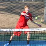 Mason Grove volleys with a backhand. (Photo by Jim Waller/Whidbey News-Times)