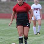 Genna Wright dribbles up the field in Tuesdays match. (Photo by John Fisken)