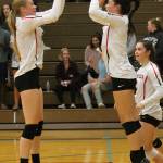 Chelsea Prescott, left, and Scout Smith get pumped up to play during player introductions. (Photo by Jim Waller/Whidbey News-Times)