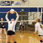 Scout Smith (2) back-sets to Chelsea Prescott.(Photo by Jim Waller/Whidbey News-Times)