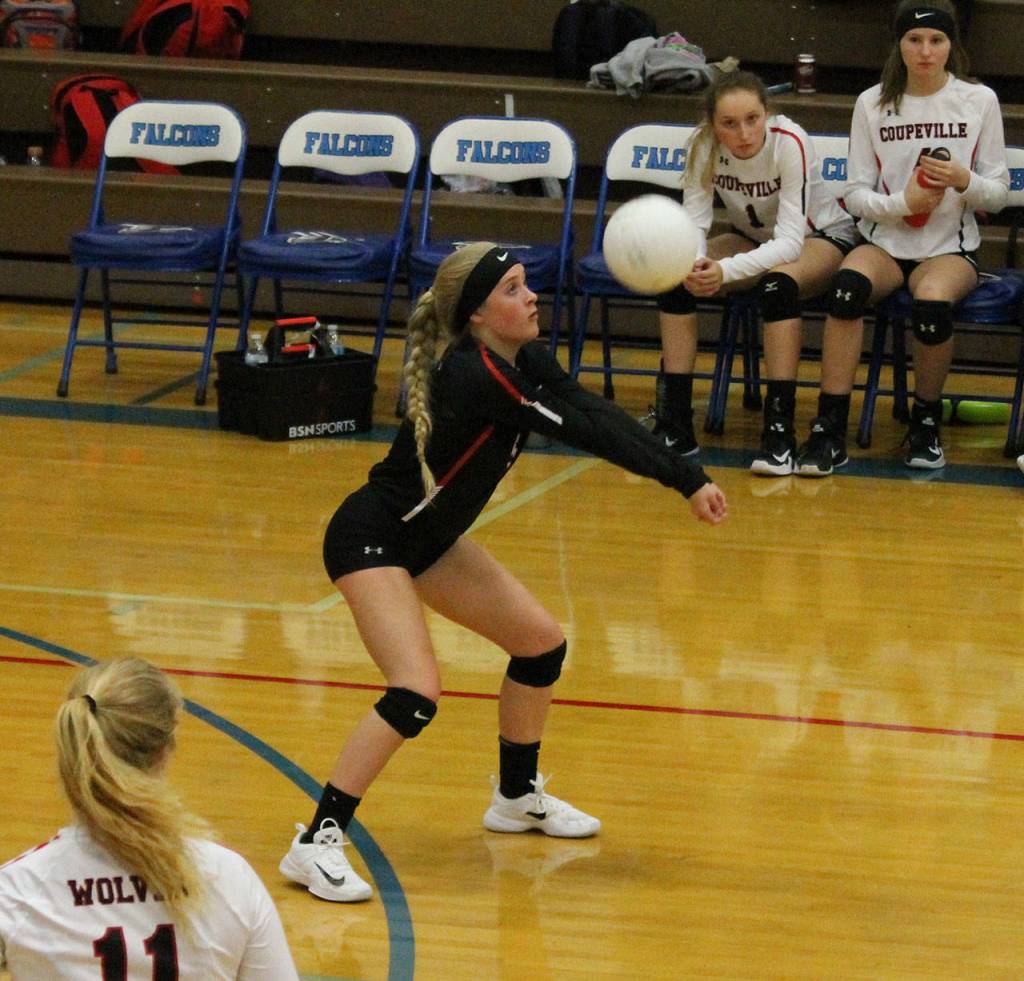 Emma Mathusek passes for Coupeville during Tuesdays win.(Photo by Jim Waller/Whidbey News-Times)