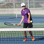 Nick Krantz returns a shot in his win in first singles. (Photo by Jim Waller/Whidbey News-Times)