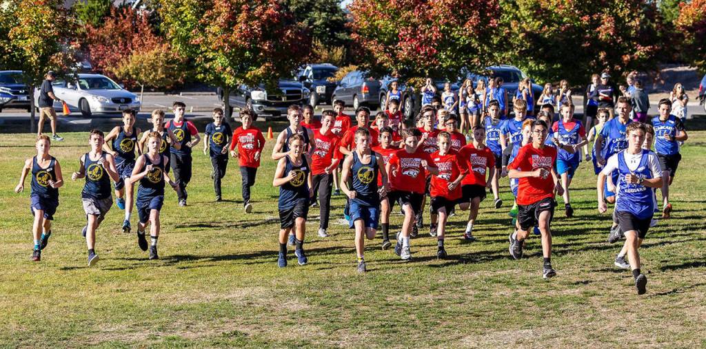 The Cougar eighth-grade boys (red shirts) begin Wednesdays race at Fort Nugent Park.(Photo by John Fisken)