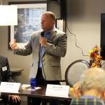 Rep. Dave Hayes, R-Camano Island, speaks at a forum with Curt Huber (on behalf of Hayes opponent Dave Paul) and Norma Smith, R-Clinton. Smiths opponent Scott McMullen (not pictured) also attended. Photo by Laura Guido/Whidbey News Group