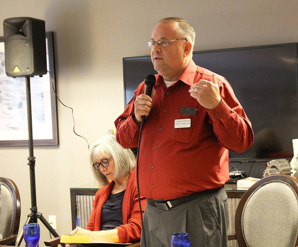State Representative candidate Scott McMullen speaks Monday morning at the forum held at Regency on Whidbey. Photo by Laura Guido/Whidbey News Group