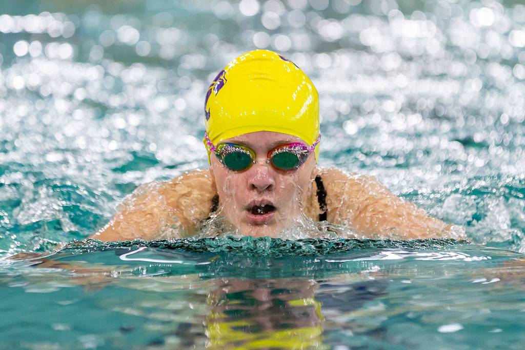 Maddy Ward participates in the breaststroke at Snohomish.(Photo by John Fisken)
