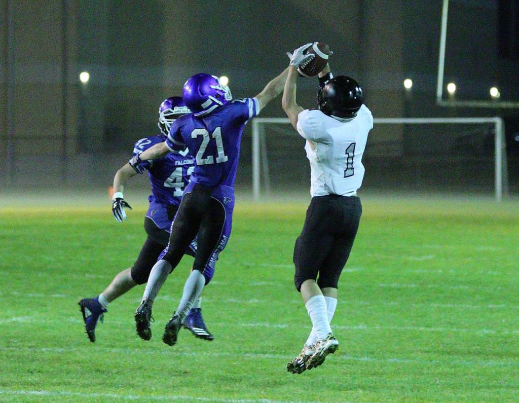 Sean Toomey-Stout (1) snags the ball from South Whibeys Billy Rankin (21) and takes the ball in for a touchdown. (Photo by Steve Smith)