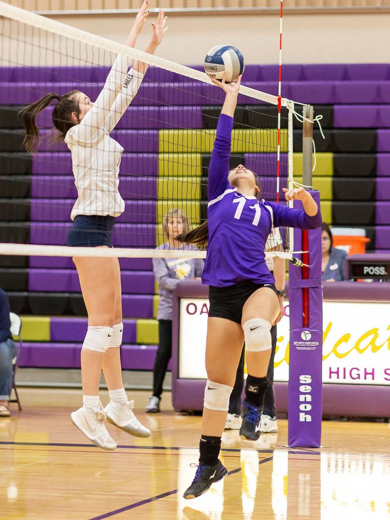 Leah Quidachay (11) saves an errant pass with a tip.(Photo by John Fisken)