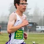 Cooper Billiter runs to 79th place  third among freshmen  at the league meet Saturday. (Photo by John Fisken)