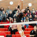 Ashley Menges tips in Tuesdays match with Kings.(Photo by John Fisken)