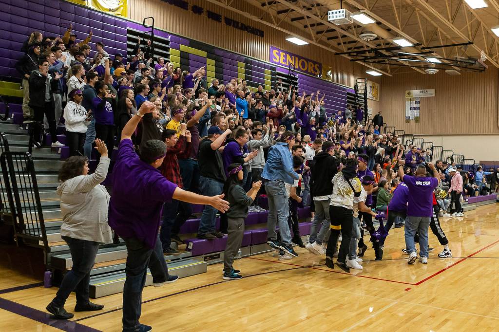 The large Oak Harbor crowd celebrates the Wildcats win.(Photo by John Fisken)
