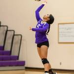 Jaslin Webster launches a serve for Oak Harbor.(Photo by John Fisken)