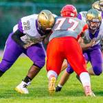Oak Harbors DeAndre Bennett (79) and Ethan Pace (55) both were named to the all-Wesco North first team in football. (Photo by John Fisken)