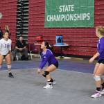 Gredina DeGuzman, center, prepares to receive a Moutain View serve as Ceirra Dean, left, and Cami Bristow look on.(Photo by Steve Bristow)