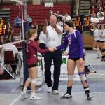 Oak Harbors Payton Parks, right, and Prairies Alissa Fenney are awarded the matchs sportsmanship medals.(Photo by Steve Bristow)