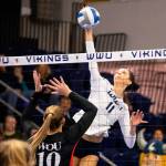Kayleigh Harper goes on the attack for Western Washington. Harper is a three-time, first-team, all-league selection for the Vikings. (Photo courtesy of Western Washington Athletics)