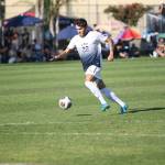 Caley Powers dribbles up field for California Baptist this fall. (Photo courtesy of CBU Athletics)