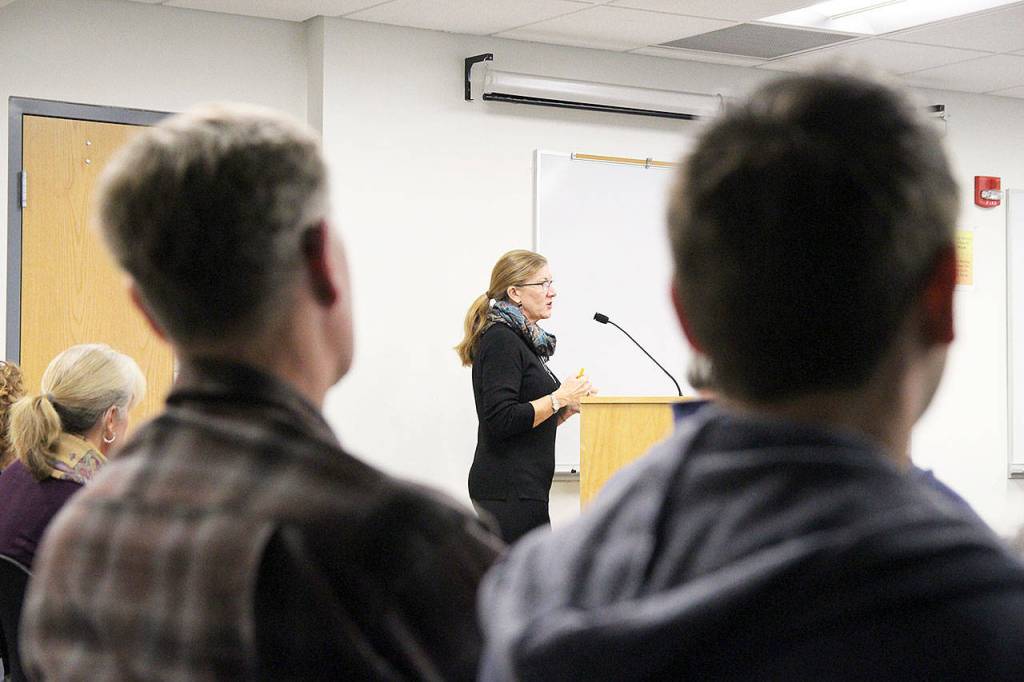 Jenifer Henderson speaks Monday at a planning commission public hearing regarding proposed event rural event regulations. Photo by Laura Guido/Whidbey News Group