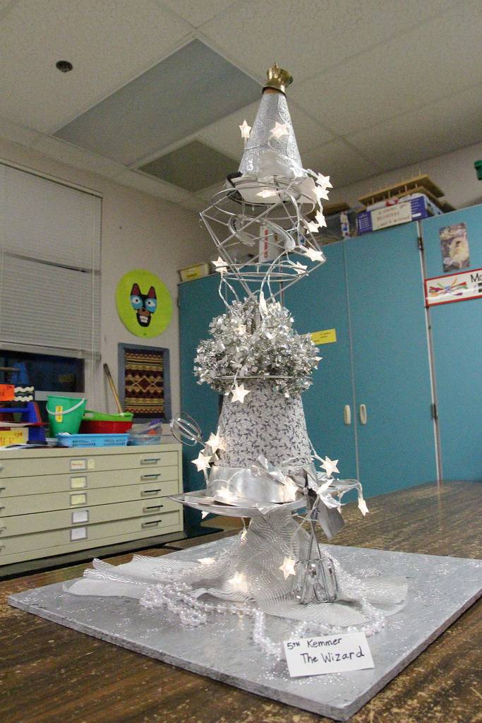 A tower created by Coupeville Elementary School fifth graders. The students learned to focus on use of light and up-cycling thrift store finds. Photo by Laura Guido/Whidbey News-Times