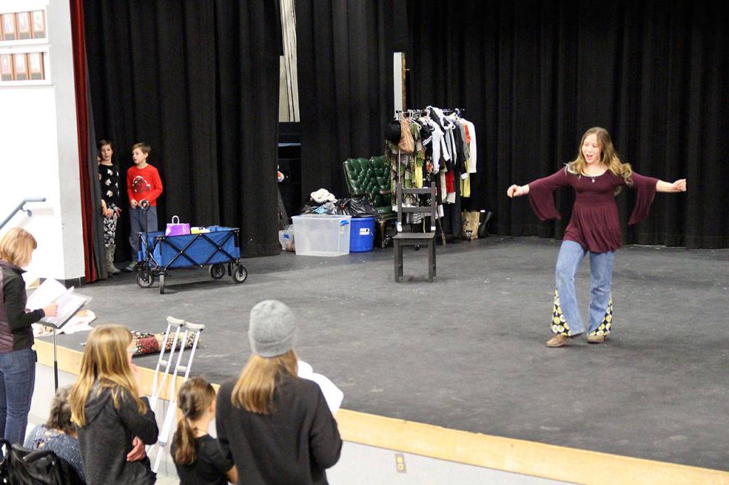 Miss Hannigan no. 1, fifth-grader Jordaya Dowell, sings her part on stage.