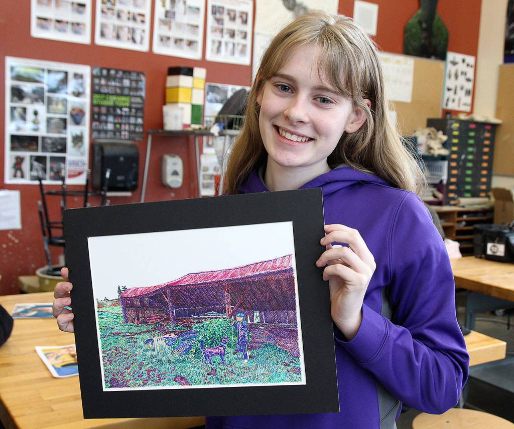 Olivia Waite and her Sharpie drawing Decomposition, which was a gold-key winner at the state Scholastic Art Competition. Photo by Laura Guido/Whidbey News-Times