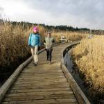 Heather Romano and Delfina McCoy on the boardwalk at North Creek Trail in Mill Creek. The two-mile trail is close to the city center. (Craig Romano)