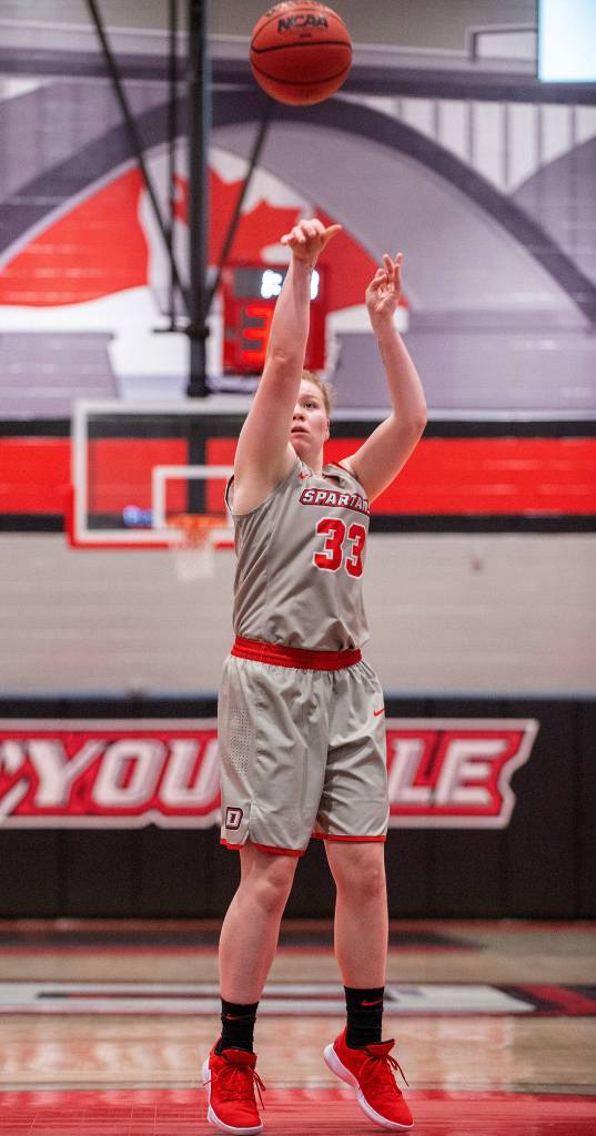 Coupeville grad Kailey Kellner shoots a free throw for DYouville College. (Photo courtesy of DYouville College Athletics)