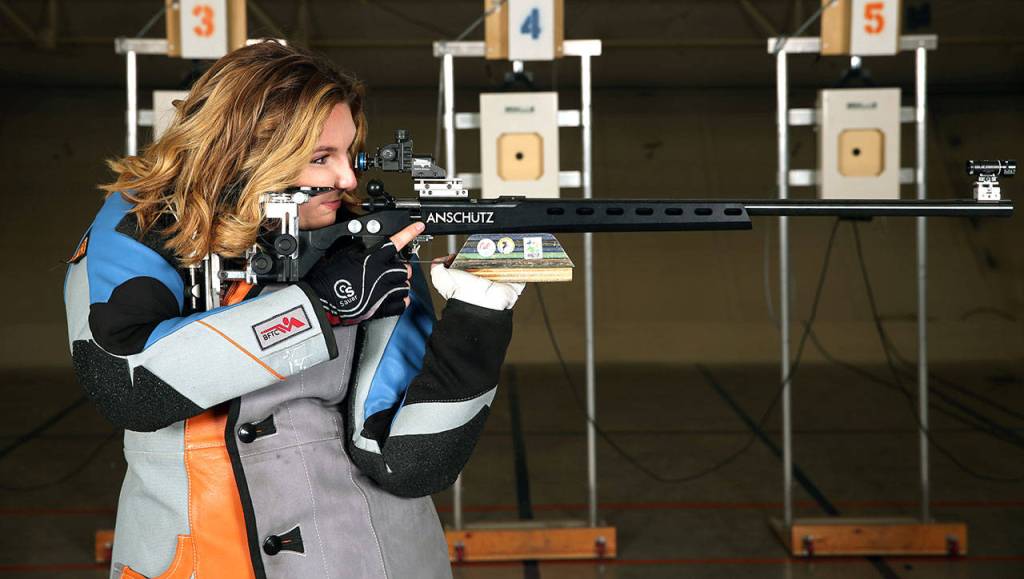 Oak Harbors Mara Rouse takes aim for the University of Texas - El Paso rifle team. (Photo courtesy of UTEP Athletics)