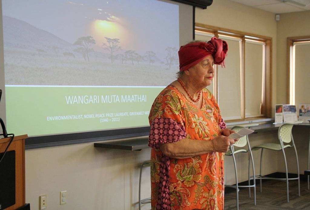 Milli Stanton gives her presentation as novel laureate and Peace Prize winner Wangari Muta Maathai.                                 (Photo by Maria Matson/Whidbey News-Times)
