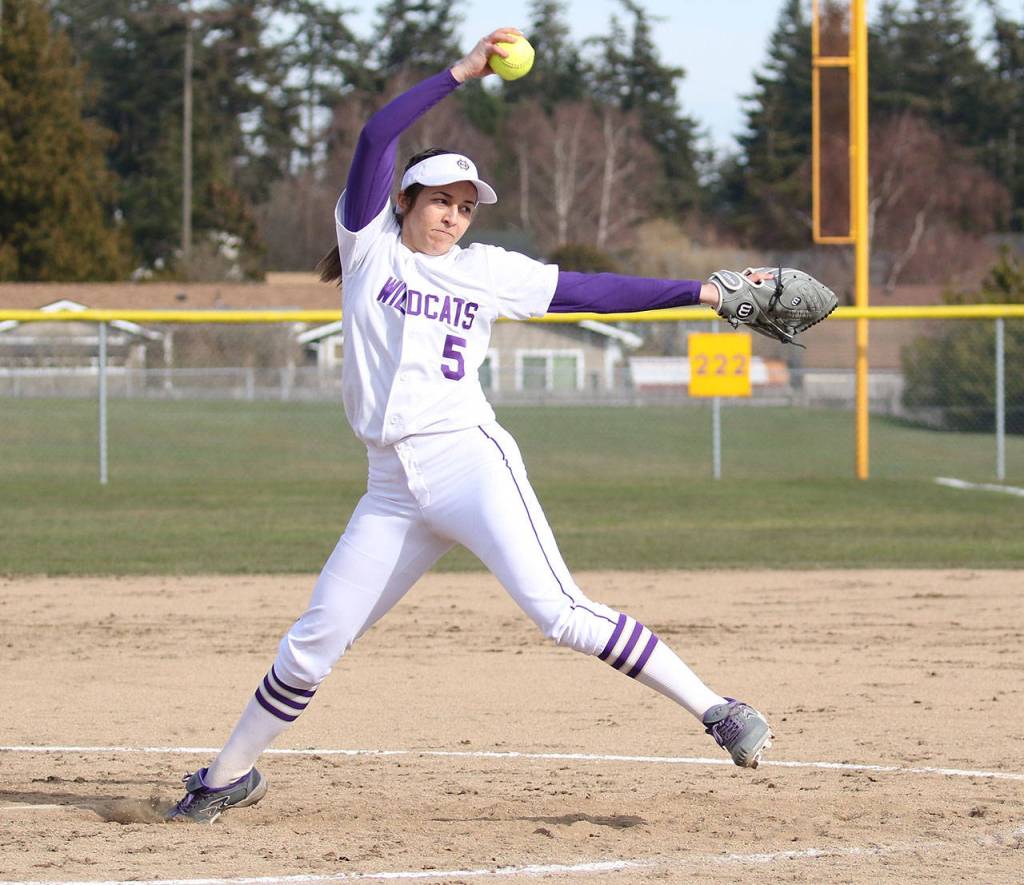 Wildcat Cierra LeGendre gets ready to fire a pitch against Coupeville.(Photo by John Fisken)