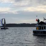 Wind Warrior nears the finish and the race committee boat. (Photo by Shannon Buys)