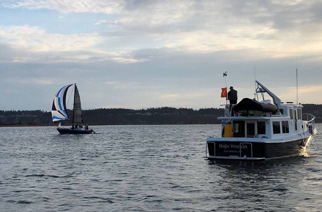 Wind Warrior nears the finish and the race committee boat. (Photo by Shannon Buys)