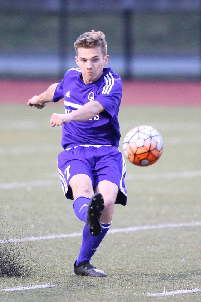 Ethan Snell blasts a kick in the Shorecrest match.(Photo by John Fisken)
