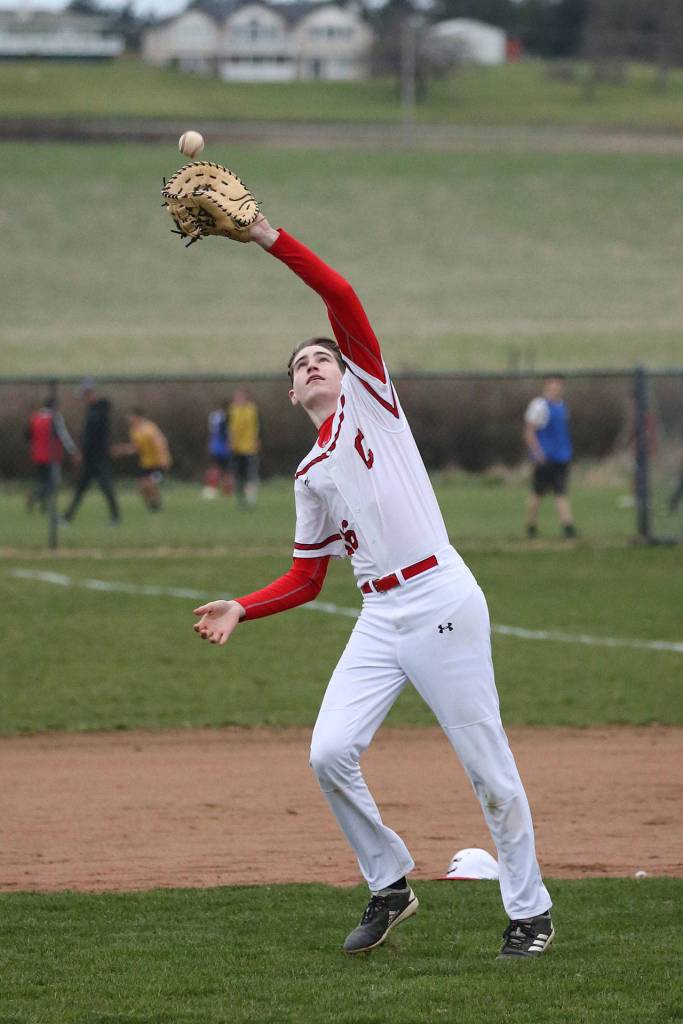 Ulrik Wells settles under a pop-up in the game with Chimacum.(Photo by John Fisken)