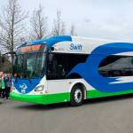 Snohomish County Community Transits new Swift Green Line buses began service this week, including routes between the Mukilteo Ferry Terminal and Paine Fields commerical airline passenger terminal. Shuttle van service between Whidbey Island and Paine Field begins Thursday. (Photo provided)