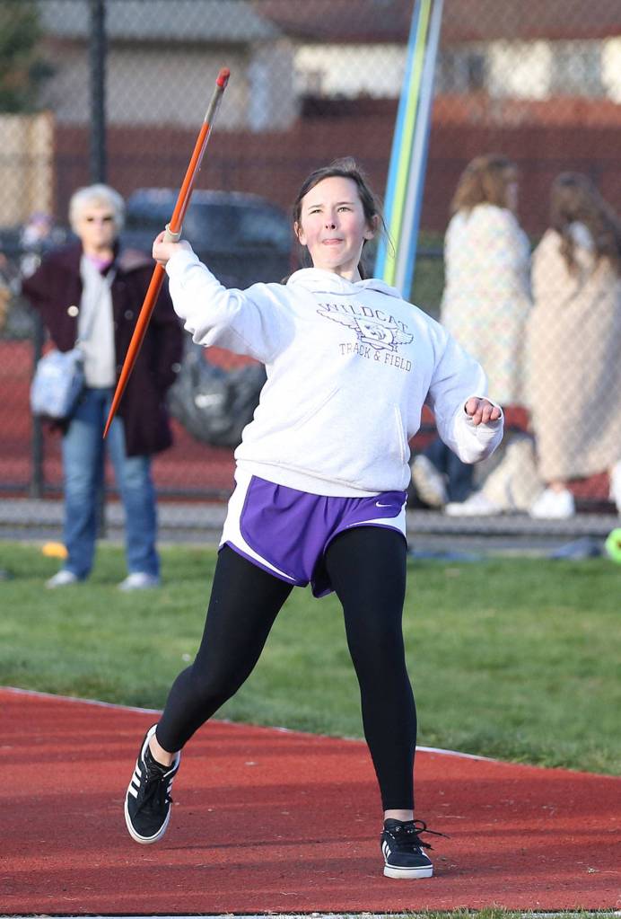Grace Nowicki lets the javelin fly.(Photo by John Fisken)