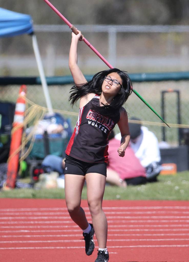 Mikaela Labrador competes in the javelin for Coupeville.(Photo by John Fisken)