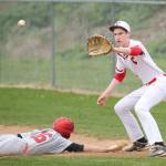 First baseman Ulrik Wells receives a pickoff throw as Kings Ethan Britt dives back to the bag.(Photo by John Fisken)