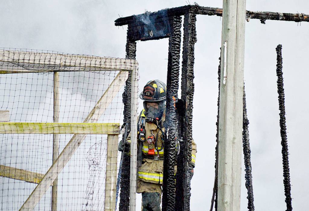 A North Whidbey Fire and Rescue firefighter walks through the remains of a chicken coop and storage building that burned down Monday morning on Penn Cove Road. Photo by Laura Guido/Whidbey News-Times