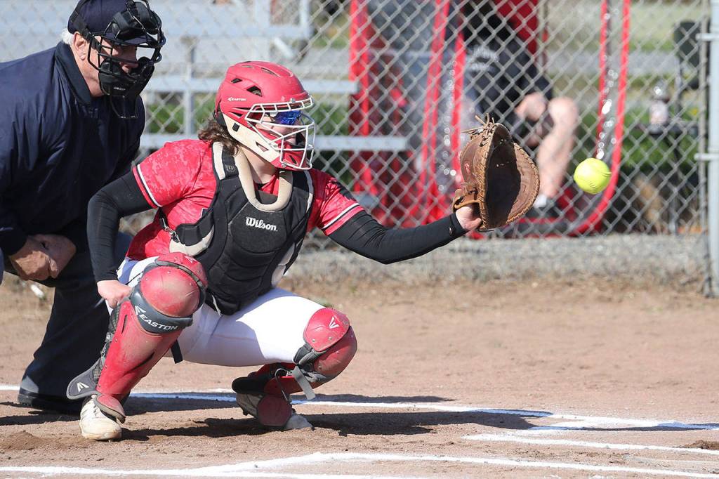 Catcher Sarah Wright receives a pitch Tuesday.(Photo by John Fisken)