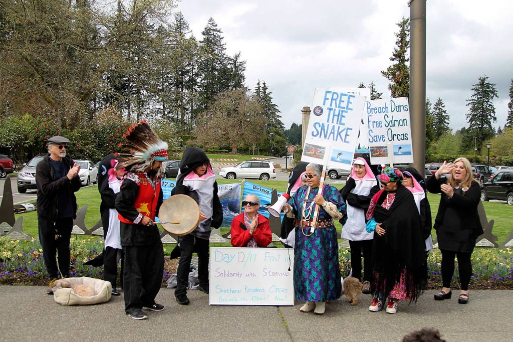 Members of the Palouse Tribe join the protest lead by tribal elder, Carrie Chapman-Schuster, who was forcibly removed from her land in 1959 in order for the lower Snake River dams to be built. Lanni Johnson is seated at center.  Photo by Emma Emperly, WNPA Olympia News Bureau