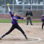 Oak Harbor starting pitcher Emily Wilson delivers a pitch against Stanwood Tuesday.(Photo by John Fisken)