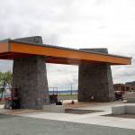 A pavillion structure in the park is meant as a gateway, shelter from the rain and a stge for events.