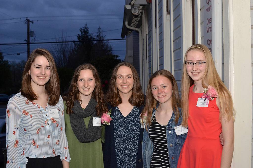 2019 AAUW STEM scholars are from left to right: Emily Evans , Science and Math, Oak Harbor High School; Megan Thorn, Science at Coupeville High School; Ashley Ricketts, Math at South Whidbey High School; Mallory Drye, Technology at SWHS; and Elli Dubendorf, Science at SWHS. Not pictured are Scout Smith (CHS) and Holly Lewis (OHHS).