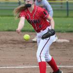 Izzy Wells attacks a South Whidbey hitter in Tuesdays game.(Photo by John Fisken)