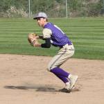 Oak Harbor second baseman Gage McLeod sets up to throw to first base for an out.(Photo by Jim Waller/Whidbey News-Times)