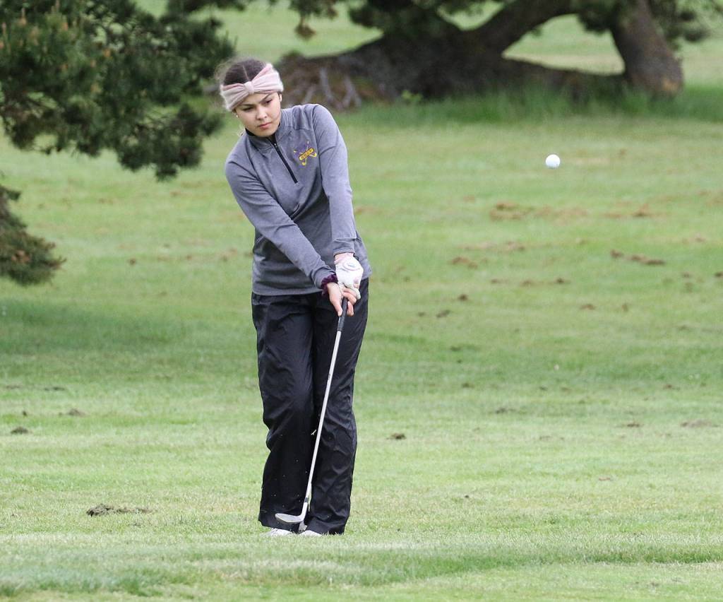 Natasha Decker chips during the first round of the district tournament.(Photo by John Fisken)