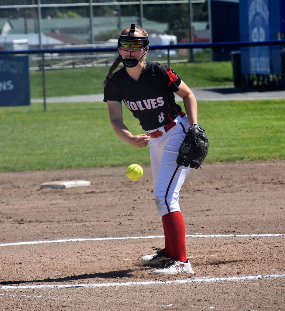 Izzy Wells throws a pitch in the district title game.(Photo by Karen Carlson)